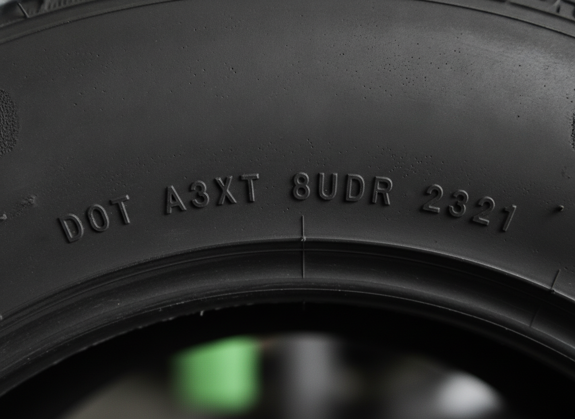 Close-up of DOT date code on tire sidewall showing week and year of manufacture