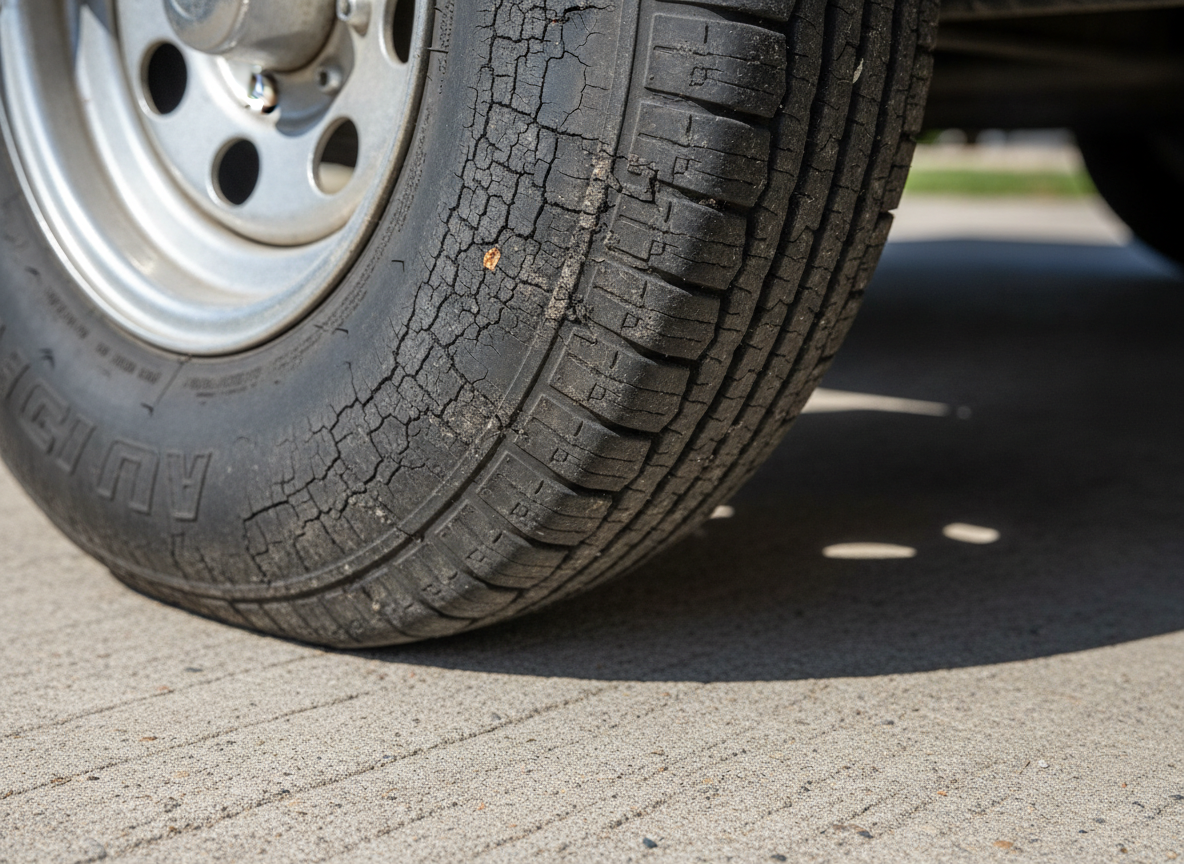 Close-up of dry rot cracking on a trailer tire sidewall