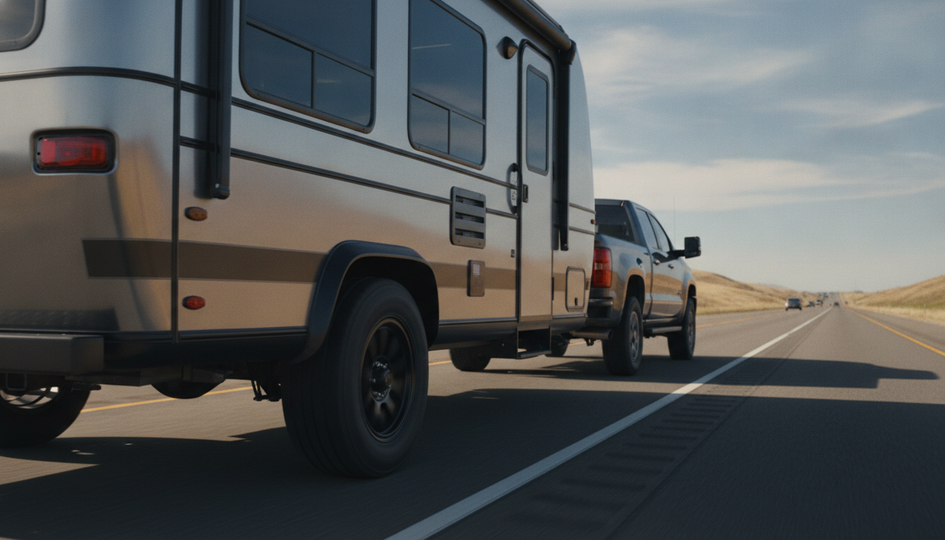 RV trailer being towed on a highway, close view of trailer tires