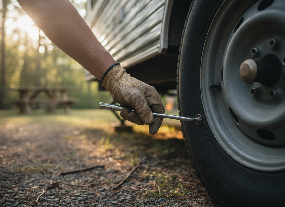 Checking trailer tire pressure with a gauge before towing