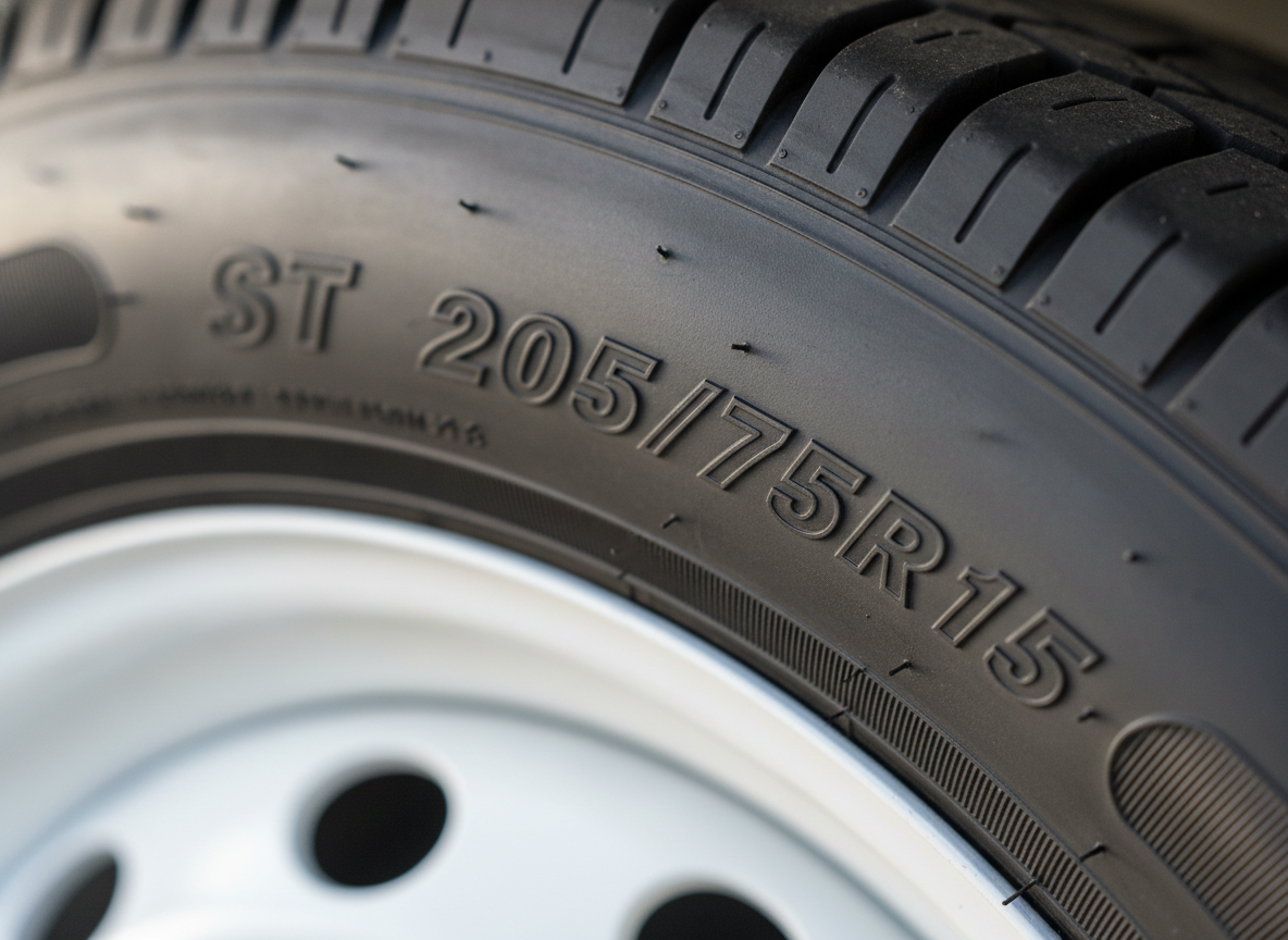 Close-up of ST trailer tire sidewall showing size and load range markings